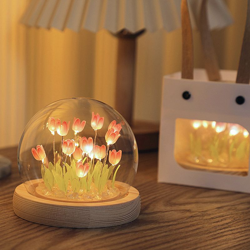 Tulip Glass Dome Night Light – LED Flower Lamp Gift for Women Mom Birthday Christmas