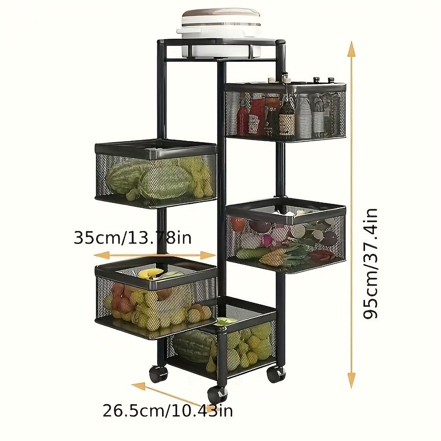 5-Tier Rotating Kitchen Storage Shelf on Wheels – Metal Multi-Purpose Organizer