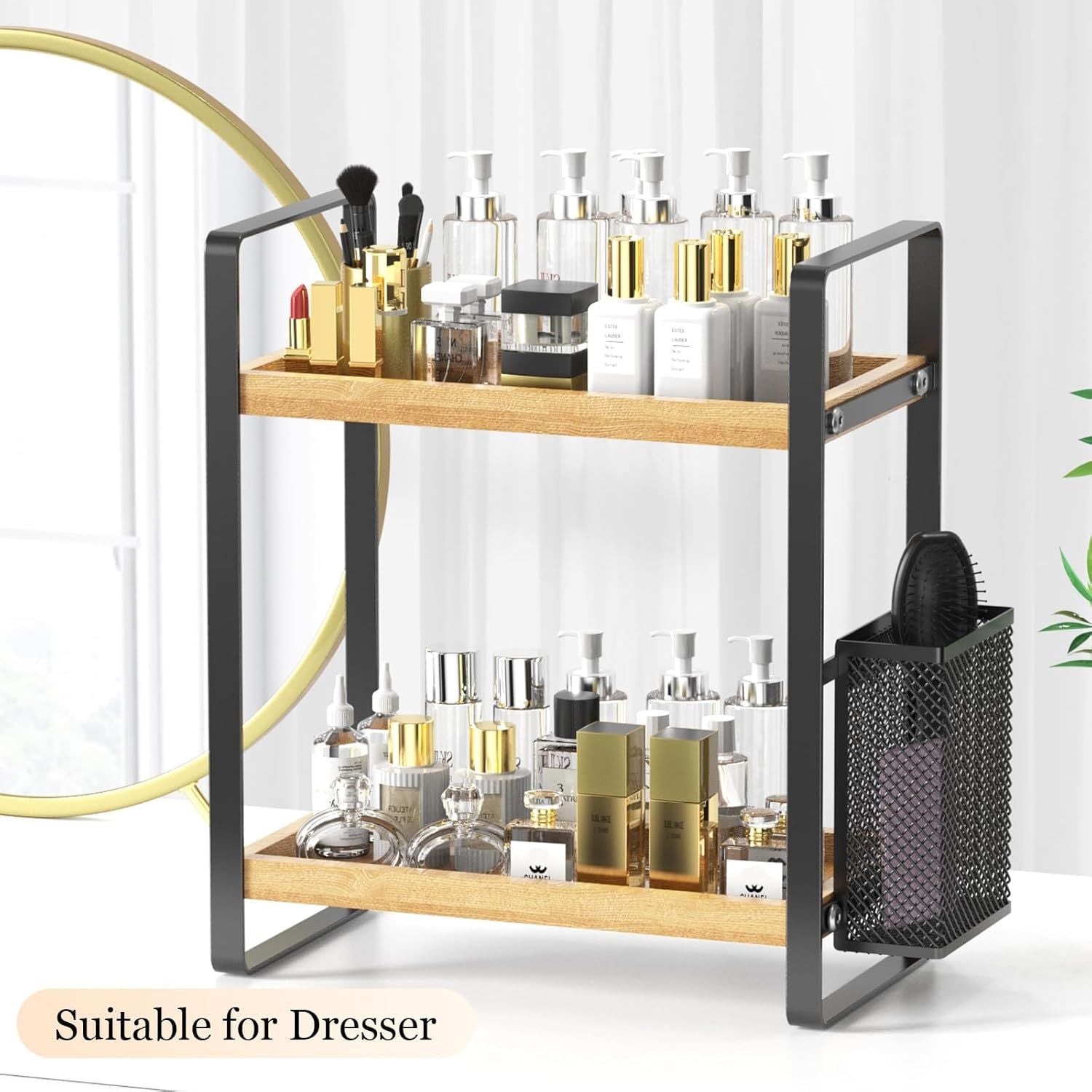 Tier Bathroom Countertop Organizer with Side Basket | Wood & Metal Storage Shelf